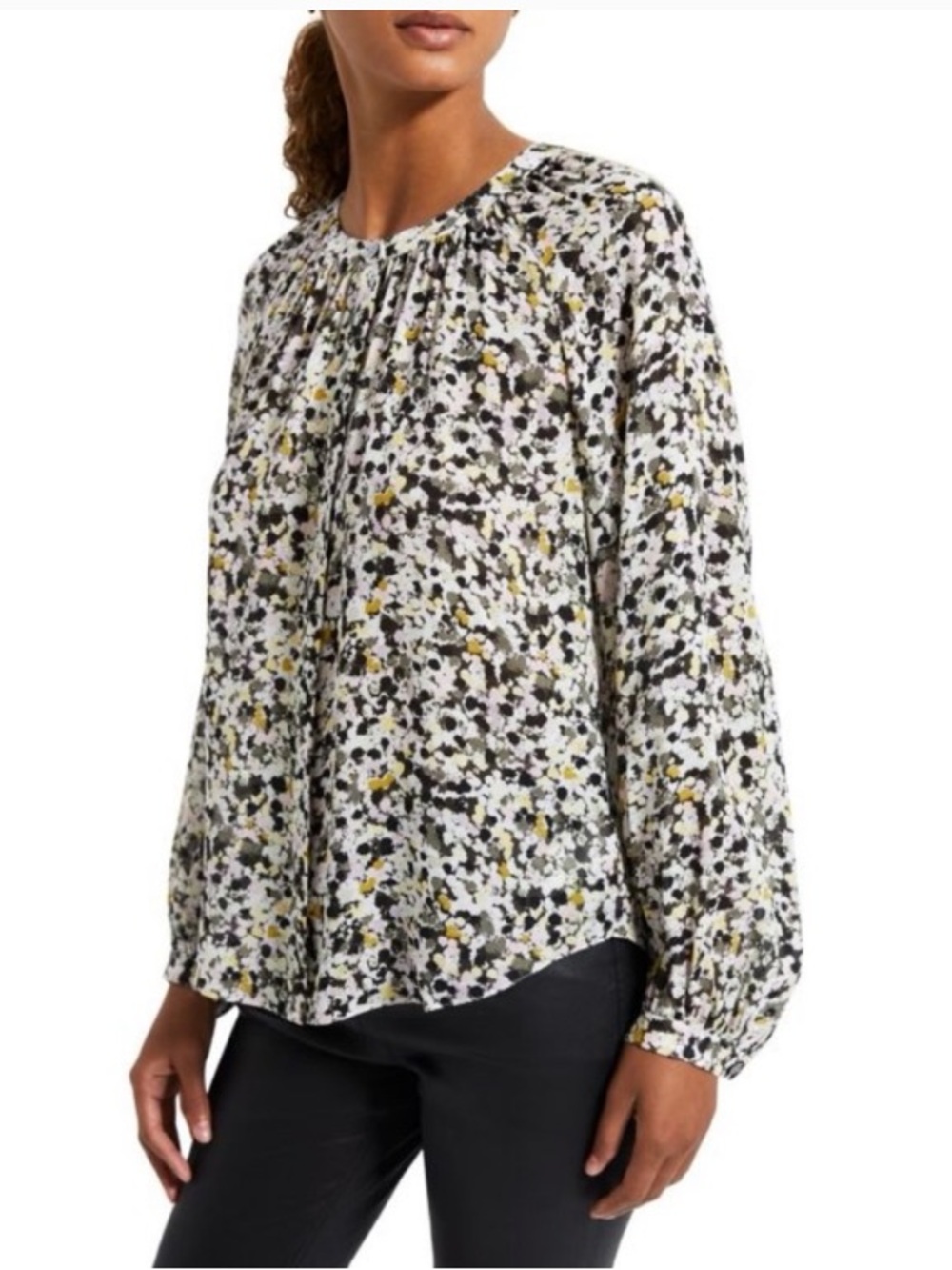 NWT Theory Romantic Silk Crepe Blouse/Semi Sheer/ Billowed Long-Sleeve / Size M